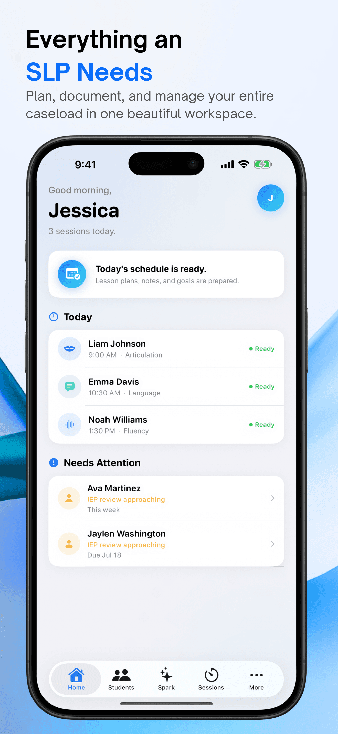 App Store screenshot of the SLP Spark home dashboard with today’s schedule and needs attention
