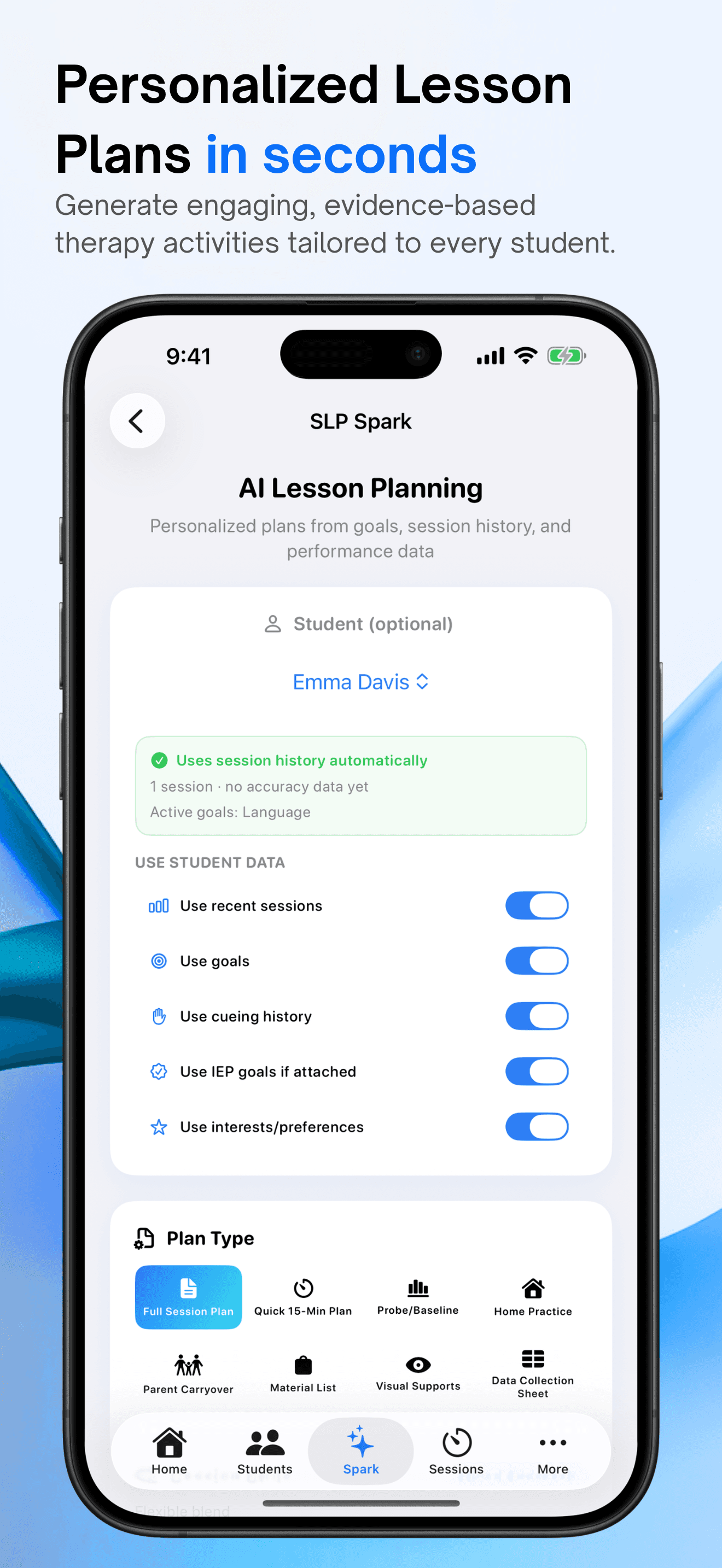 App Store screenshot of SLP Spark lesson planning with student data toggles and plan types