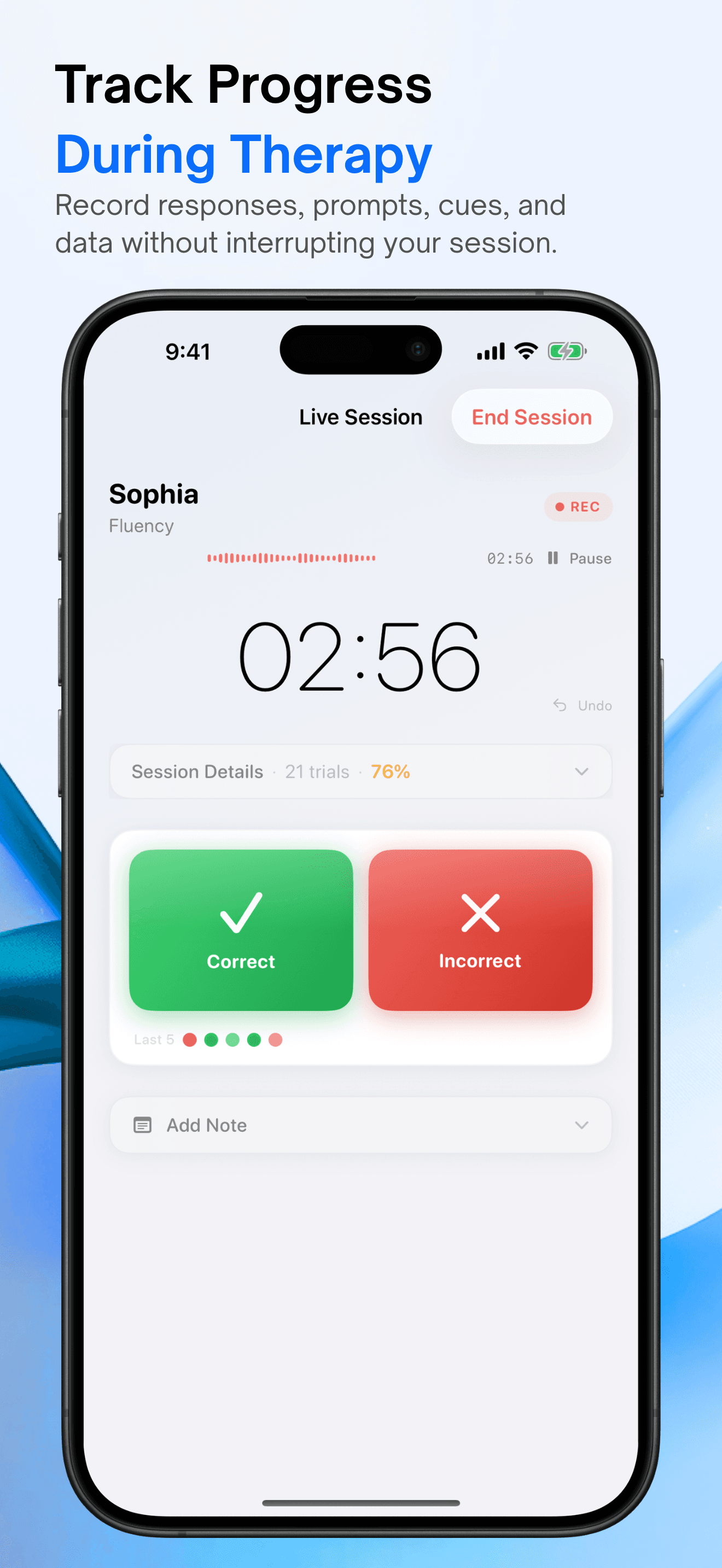 App Store screenshot of an SLP Spark live session with timer and correct/incorrect scoring