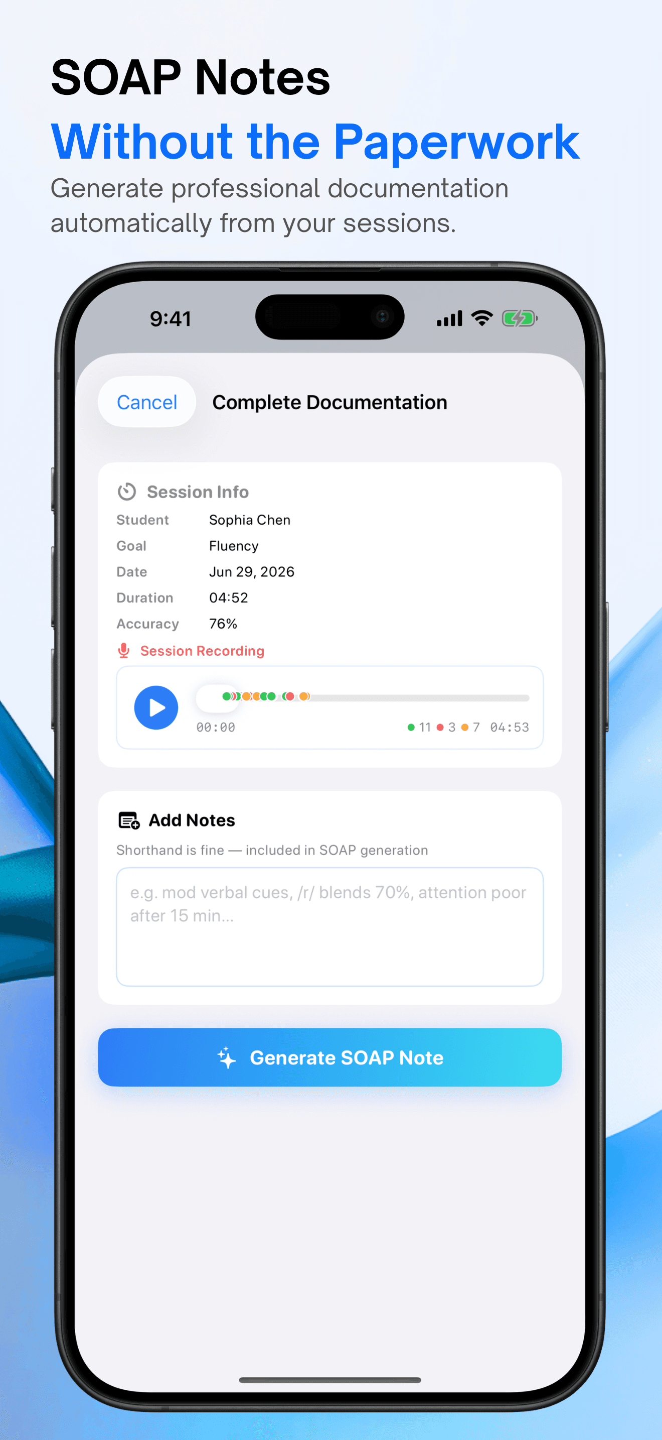 App Store screenshot of SLP Spark complete documentation and generate SOAP note screen