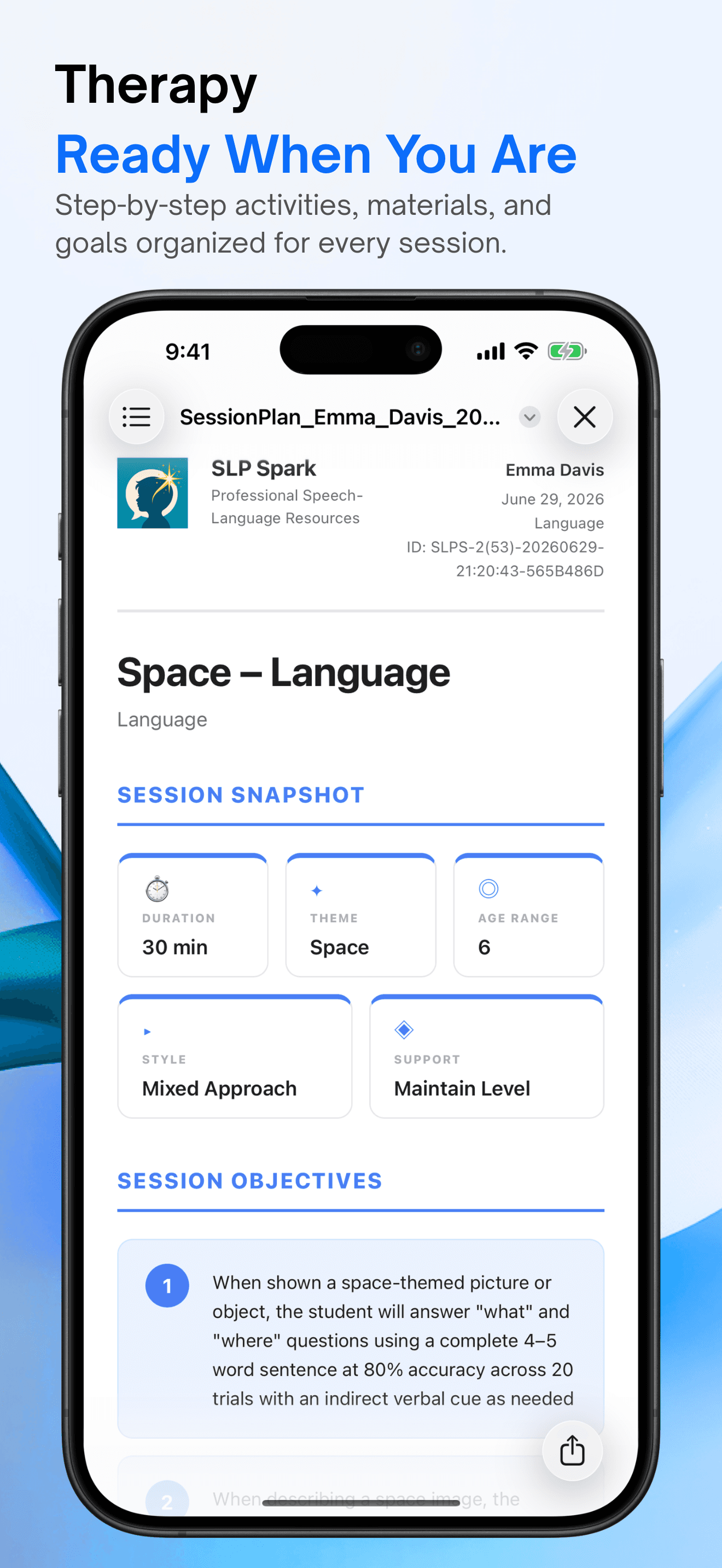 App Store screenshot of an SLP Spark session plan with objectives and materials