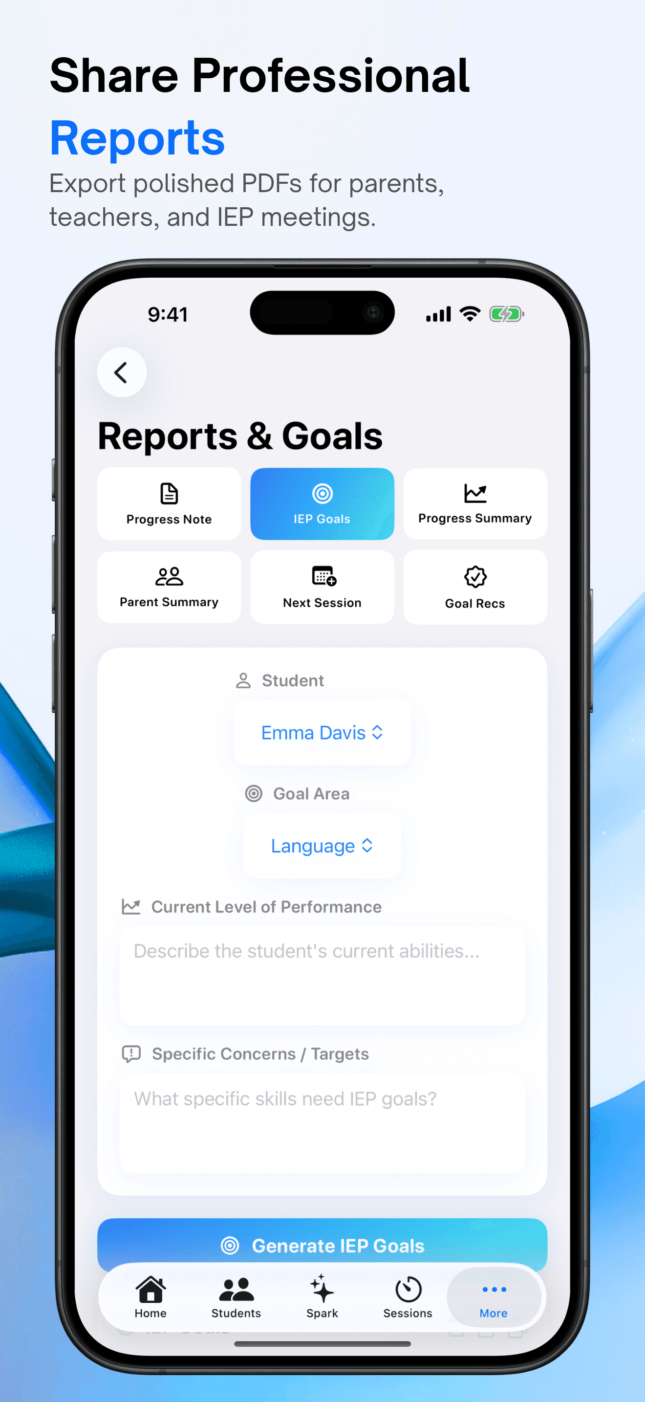 App Store screenshot of SLP Spark reports and goals with IEP goal generation