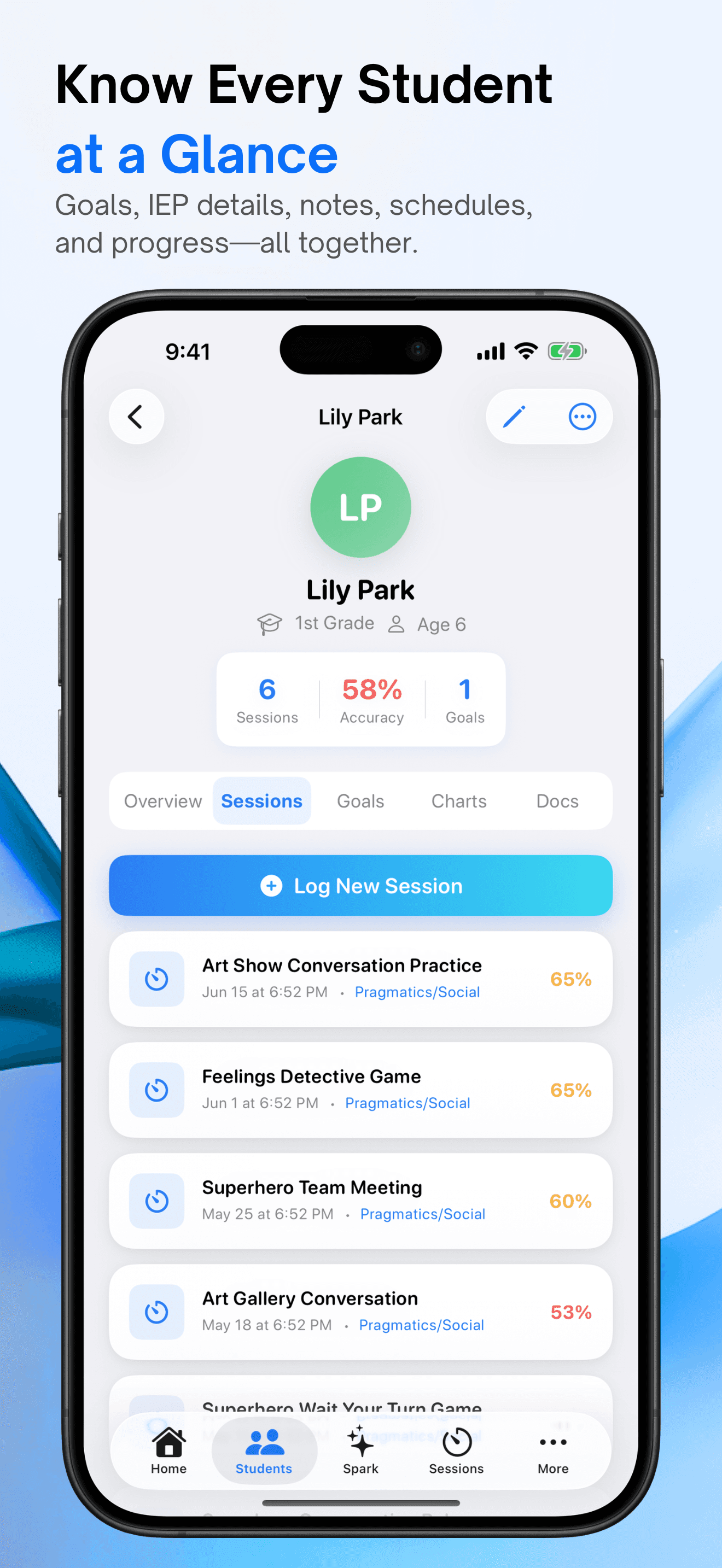 App Store screenshot of an SLP Spark student profile with session history