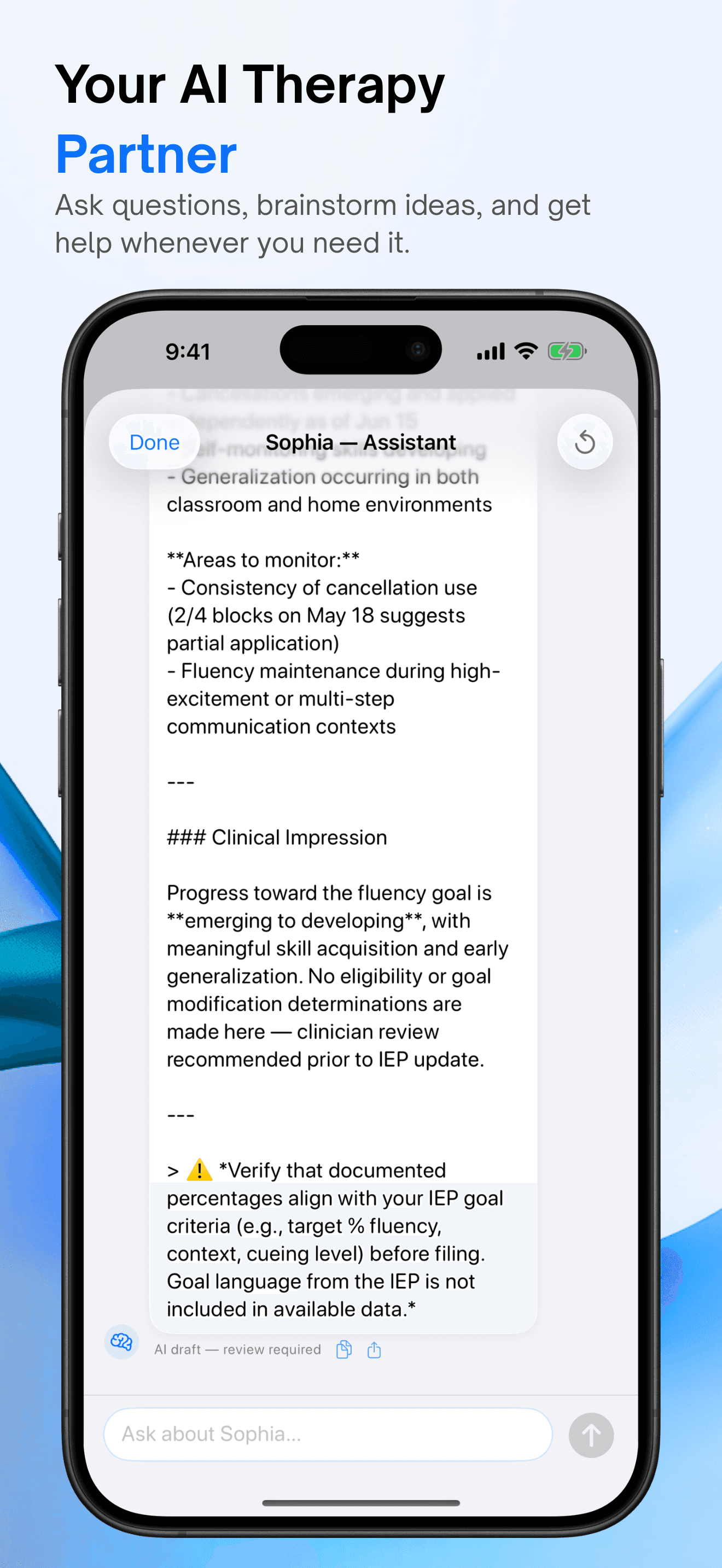 App Store screenshot of the SLP Spark clinical assistant conversation