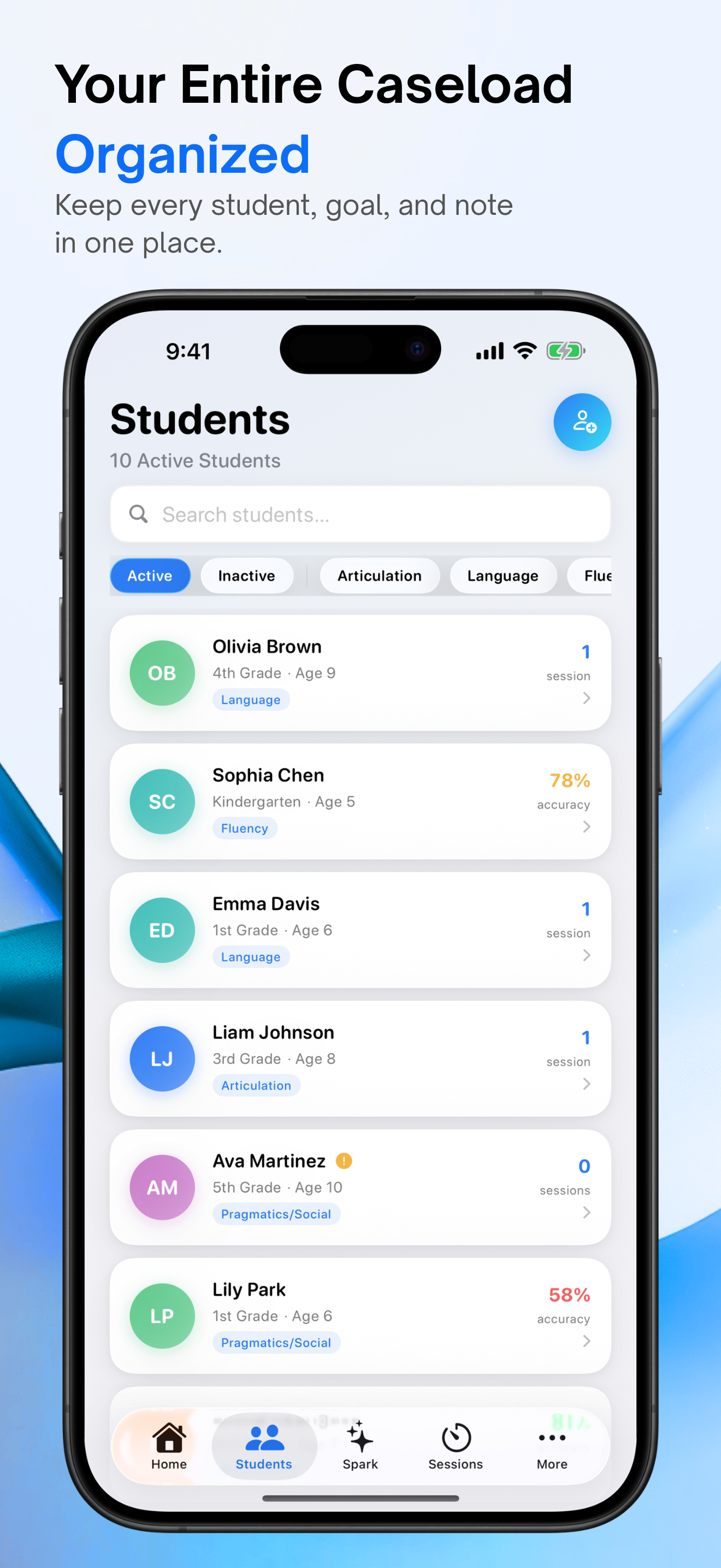 App Store screenshot of the SLP Spark students caseload list with filters and accuracy
