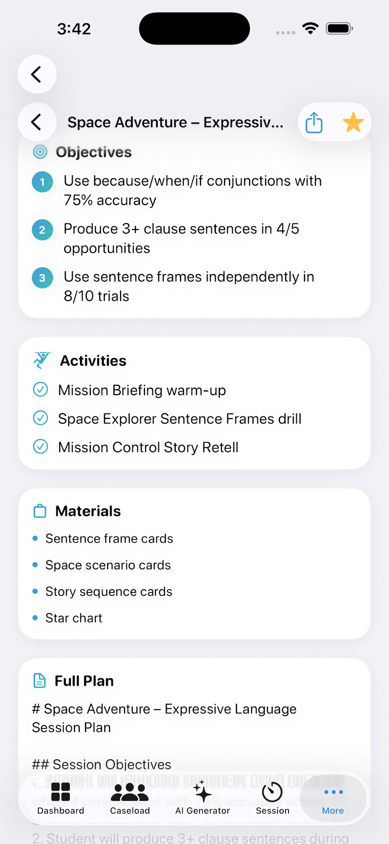 SLP Spark AI generator with a completed therapy plan