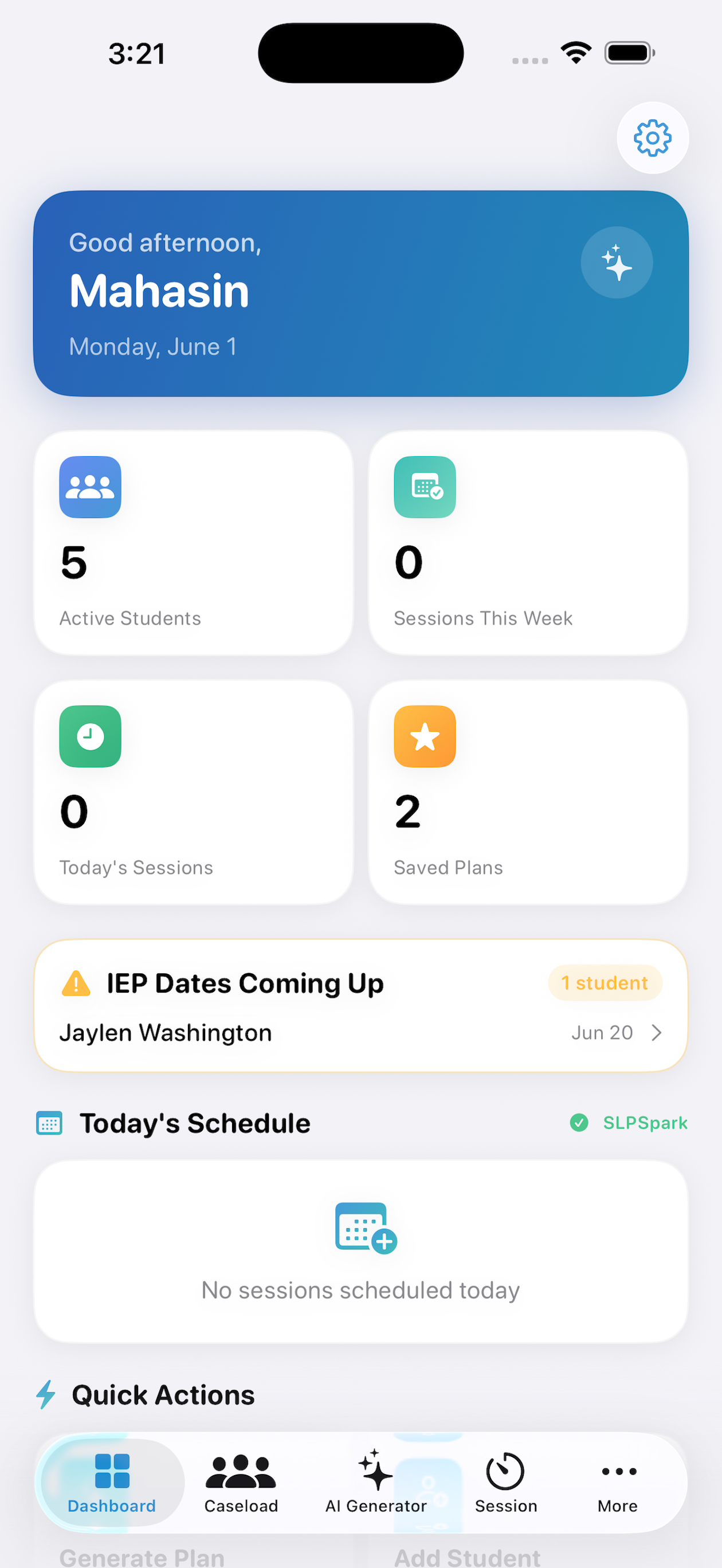 SLP Spark dashboard with caseload overview